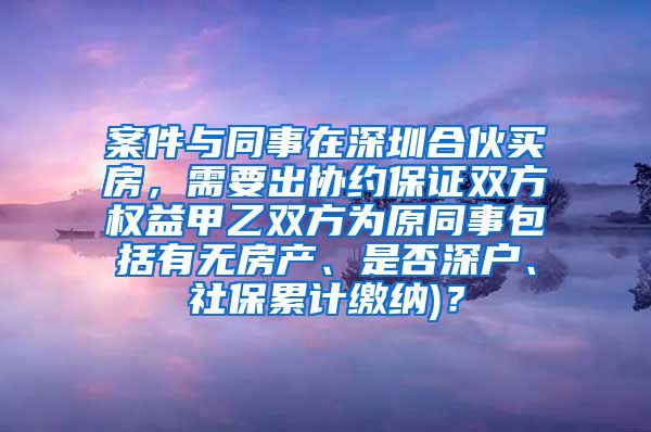 案件与同事在深圳合伙买房，需要出协约保证双方权益甲乙双方为原同事包括有无房产、是否深户、社保累计缴纳)？