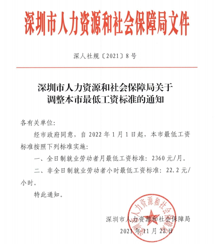 深圳社保2022年最低工资上调至2360元，一档单位医保缴费比例恢复至6％